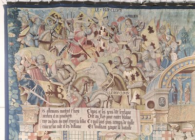 聖レメギウス（d.553）の生涯からの場面 西暦496年のアラマンニ族とのトルビアックの戦いにおけるクローヴィス1世（465-511）の詳細 作： Flemish School