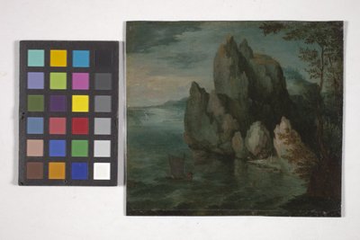 高い崖のある海景（銅に油彩） 作： Flemish School