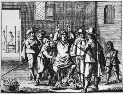 首飾りが拷問にかけられる魔術師-1725年、アブラハム・パリンの「La Sorcellerie demasquee」（「