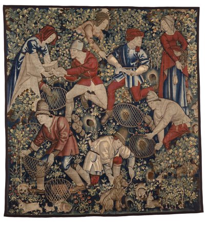 フェレットでウサギを狩る農民を描いたタペストリー、トゥルネー、1450-75年頃（羊毛） 作： Flemish School
