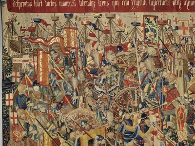 ポルトガル王アルフォンソ5世の征服を描いたタペストリー（Conquistas de Alfonso V de Portugal）、トゥルナイ。詳細(ウールとシルク) 作： Flemish School