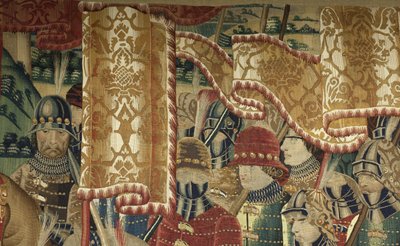 ポルトガル王アルフォンソ5世の征服を描いたタペストリー（Conquistas de Alfonso V de Portugal）、トゥルナイ。詳細(ウールとシルク) 作： Flemish School