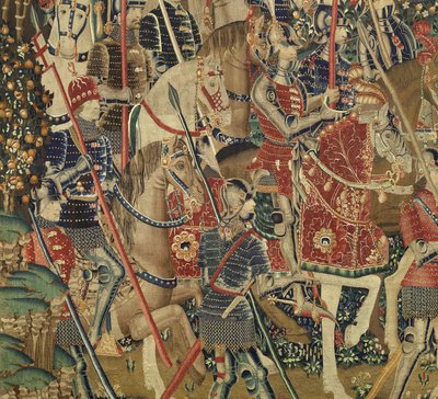 ポルトガル王アルフォンソ5世の征服を描いたタペストリー（Conquistas de Alfonso V de Portugal）、トゥルナイ。詳細(ウールとシルク) 作： Flemish School