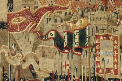 ポルトガル王アルフォンソ5世の征服を描いたタペストリー（Conquistas de Alfonso V de Portugal）、トゥルナイ。詳細(ウールとシルク) 作： Flemish School