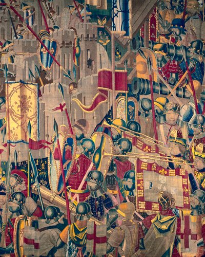ポルトガル王アルフォンソ5世の征服を描いたタペストリー（Conquistas de Alfonso V de Portugal）、トゥルナイ。詳細(ウールとシルク) 作： Flemish School