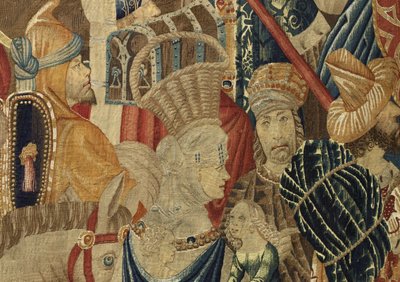 ポルトガル王アルフォンソ5世の征服を描いたタペストリー（Conquistas de Alfonso V de Portugal）、トゥルナイ。詳細(ウールとシルク) 作： Flemish School