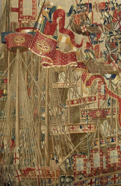 ポルトガル王アルフォンソ5世の征服を描いたタペストリー（Conquistas de Alfonso V de Portugal）、トゥルナイ。詳細(ウールとシルク) 作： Flemish School