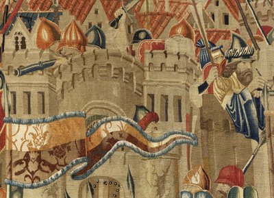 ポルトガル王アルフォンソ5世の征服を描いたタペストリー（Conquistas de Alfonso V de Portugal）、トゥルナイ。詳細(ウールとシルク) 作： Flemish School