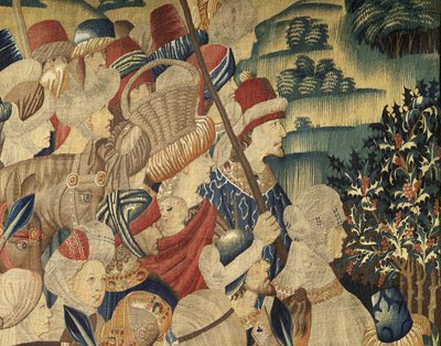 ポルトガル王アルフォンソ5世の征服を描いたタペストリー（Conquistas de Alfonso V de Portugal）、トゥルナイ。詳細(ウールとシルク) 作： Flemish School