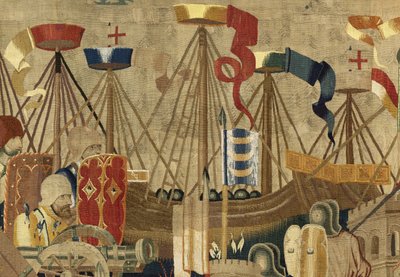 ポルトガル王アルフォンソ5世の征服を描いたタペストリー（Conquistas de Alfonso V de Portugal）、トゥルナイ。詳細(ウールとシルク) 作： Flemish School