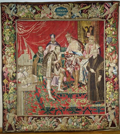 チャールズ5世の放棄（1500-58）チャールズクイントのタペストリー、c.1630-40 作： Flemish School