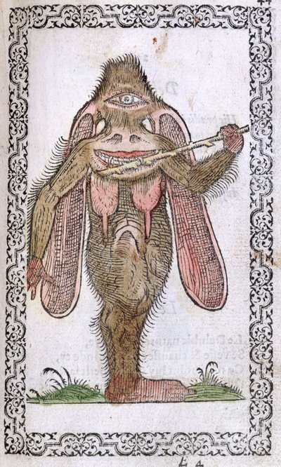 サイクロプス、ほぼすべての国の人々と現代の姿勢、そしてジャンスルペルジの像、アントワープ、1572年（色の木版画） 作： Flemish School