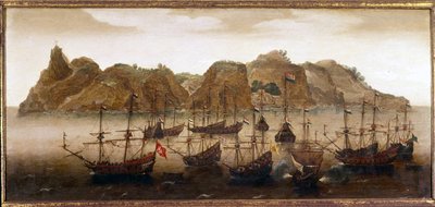 セントヘレナ島沖のオランダ艦隊。油彩画。17世紀アムステルダム海軍博物館 作： Flemish School