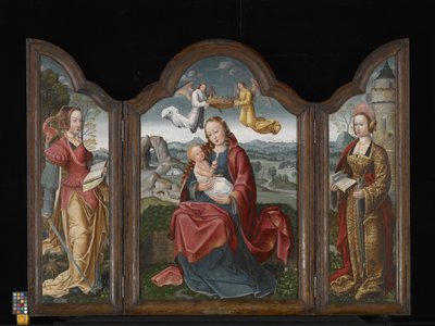 聖母子、聖バーバラ、聖キャサリンとのトリプティク（木に油彩） 作： Flemish School