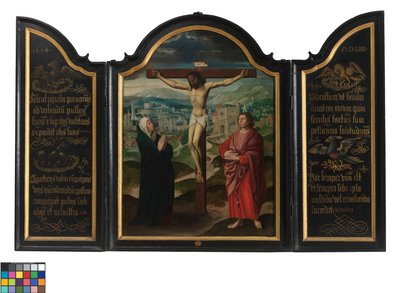 はりつけとテキストを含むトリプティク（パネルに油彩） 作： Flemish School