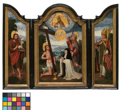 病院の姉妹と守護聖人である聖三位一体のトリプティク（パネルに油彩） 作： Flemish School