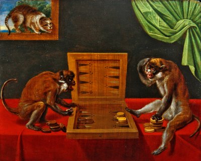 2匹の猿がテーブルの上でTric Tracをしている（油彩・パネル） 作： Flemish School