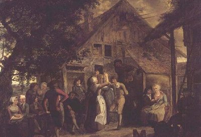 農家の外で陽気に騒ぐ村人たち 作： Flemish School