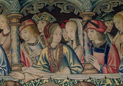 ダビデの法廷での女性、ダビデとバトシェバのタペストリーの詳細、1510〜15年 作： Flemish School