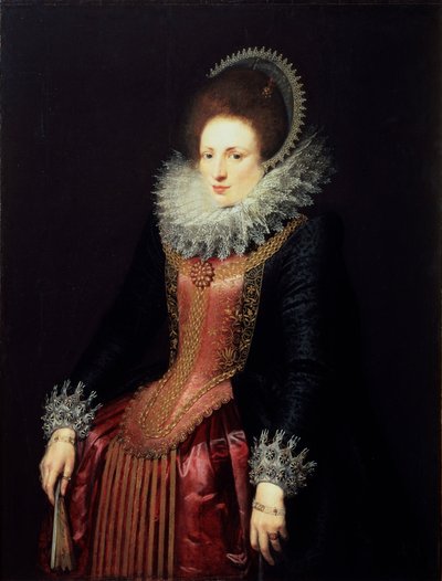 「扇を持つ女性の肖像」、1610年代 作： Flemish master