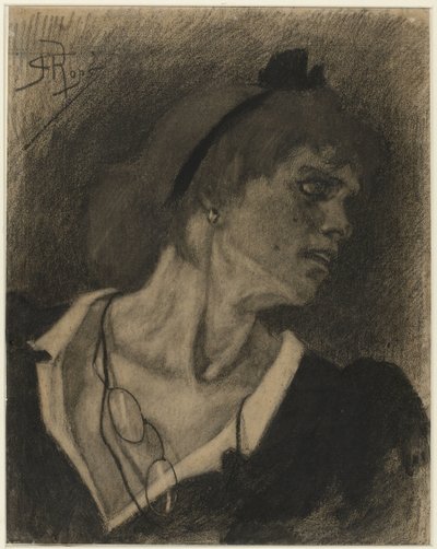 首に紐をかけたローネットを持つ女性の胸像 作： Félicien Rops