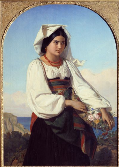花を身につけた少女 フェリックス・ジョセフ・バリヤス（1822-1907）の絵画 1846年 ナント、ボザール美術館（Musee des Beaux Arts 作： Félix Joseph Barrias