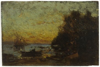 ボートとヨット、夕日。裏面：マリン、1850年から1860年の間（木に油彩） 作： Félix Ziem
