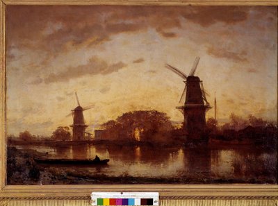 オランダの工場があるアムステル川の岸辺の風景。フェリックス・ジーム（1821-1911）による絵画。1852.日 1,01 X 1,50 m. ボルドー、美術館 作： Félix Ziem