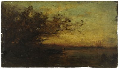 水、沈む太陽。裏面：2つの習作、1850年から1860年の間（木に油彩） 作： Félix Ziem