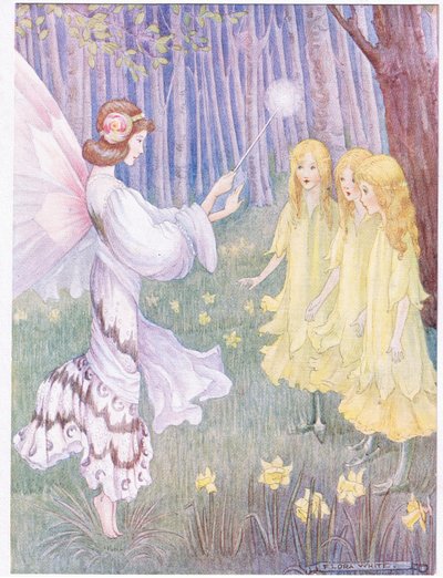 水仙の場所には3人の背の高い可憐な乙女が立っていた（カラーリトグラフ） 作： Flora White