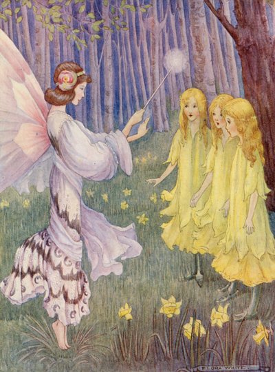水仙の場所には3人の背の高い可憐な乙女が立っていた（カラーリトグラフ） 作： Flora White