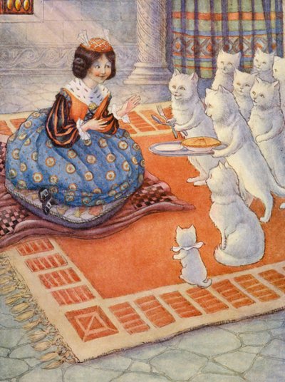 猫たちが王女にネズミのパイを持ってきた（カラーリトグラフ） 作： Flora White