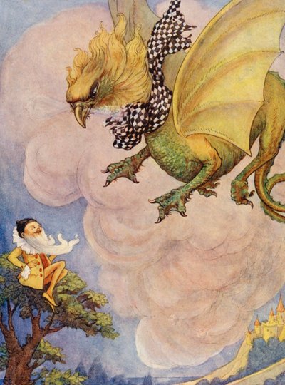 グリフィンは木のてっぺんに座る小さな黄色い男を見た（カラーリトグラフ） 作： Flora White
