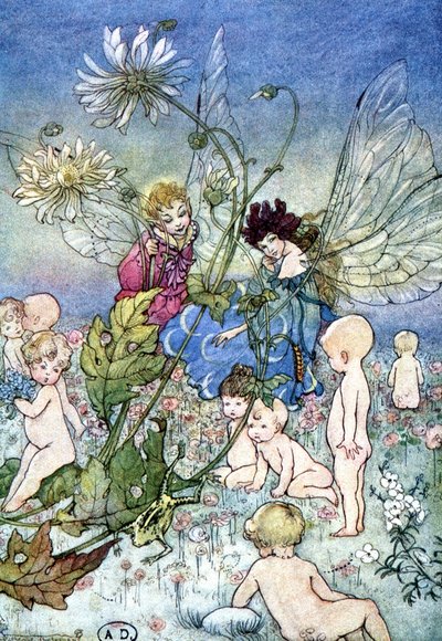 赤ちゃんに囲まれた女性-トンボ（妖精）とエルフ-フィオナ・マルコム作「私のおとぎの国」の中で。フローレンス・アンダーソン 作： Florence Anderson