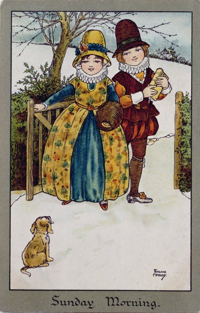 日曜日の朝、ビクトリア朝のカード（カラーリトグラフ） 作： Florence Hardy