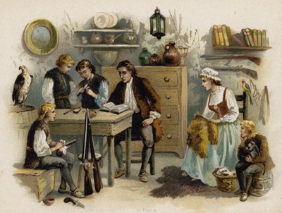 The Swiss Family Robinson のシーン: ロック キャッスル (chromolitho) で家族に本を読んでいる父 作： Florence Maplestone