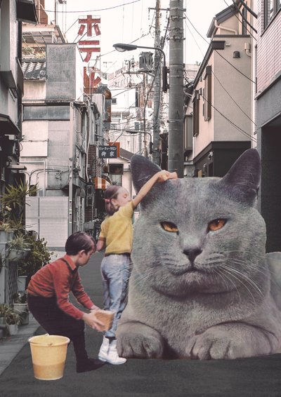 東京の街中で巨大な猫を洗う子供たち 作： Florent Bodart