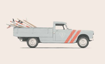 サーフボードを積んだピックアップカー、2019年（鉛筆、デジタル） 作： Florent Bodart