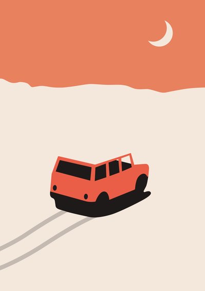 月と砂漠の中の赤い車 作： Florent Bodart