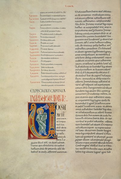 神がモーセに語りかけるイニシャルが描かれたコルボリーノの聖書のページ（Cod.Conventi Soppressi 630, c. 52v）、写本 作： Florentine School