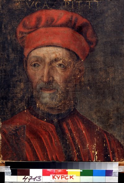 「「フィレンツェの裕福な銀行家ルカ・ピッティ (1394-1472) の肖像」」彼はピッティ宮殿に彼の名前を付けました) 16 世紀初頭のフィレンツェ派の絵画 地域デイネカ アート ギャラリー、クルスク ロシア 作： Florentine School