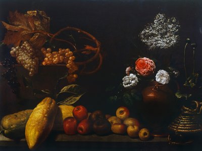銅製の水差し、バラ、ブドウ、ニワトコの花、柑橘類、リンゴのある静物画（イタリア・フィレンツェの作者不詳の作品 作： Florentine School