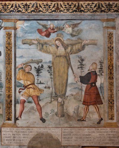 聖ジュリアの磔刑の詳細、聖ジュリアとキリストの物語のフレスコ画 作： Floriano (and workshop) Ferramola