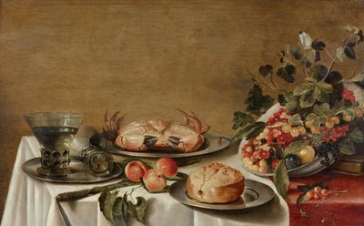果物、蟹、パンのある静物 作： Floris Gerritsz van Schooten