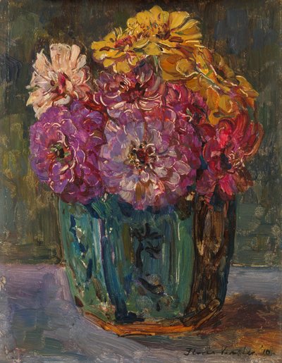 緑の瓶に入った百日草のある静物 作： Floris Verster