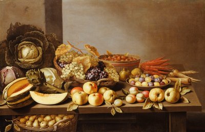 フルーツとナッツのボウル、木製のテーブルの下に梨のバスケット、 作： Floris Gerritsz van Schooten