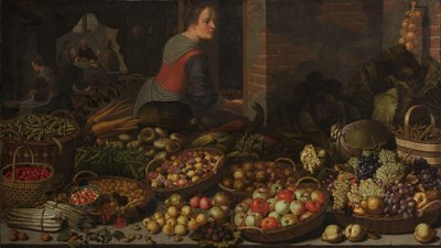 果物と野菜のある静物、エマオのキリストを背景に 作： Floris Gerritsz van Schooten