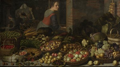 エマオのキリストを背景にした果物と野菜のある静物c。 1630 作： Floris Gerritsz van Schooten