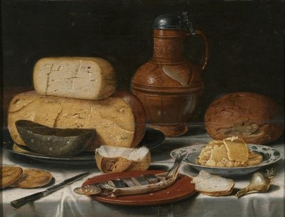 チーズ、ニシン、パンとワインのある静物 作： フロリス・ヴァン・スホーテン