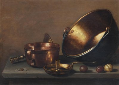 石の棚に置かれた銅鍋、調理器具、プラムのある静物画 作： フロリス・ヴァン・スホーテン